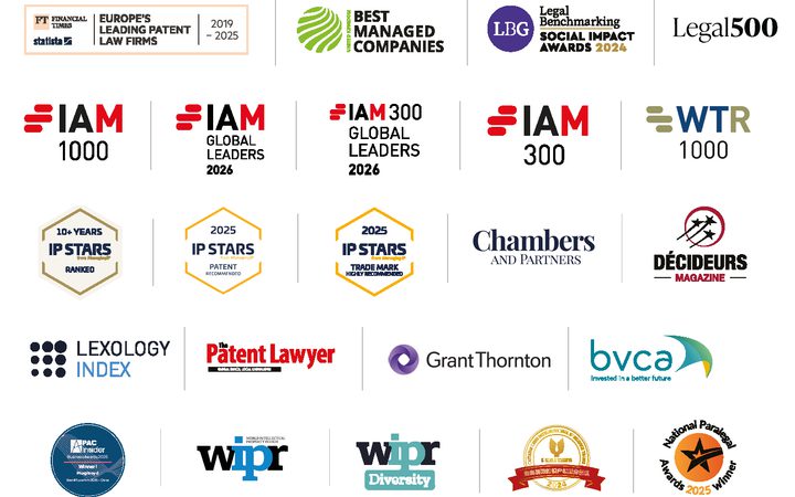 Logosammlung von Rechts- und IP-Auszeichnungen: IAM, WTR, Chambers & Partners, Lexology Index, Patent Lawyer, Grant Thornton, BVCA.