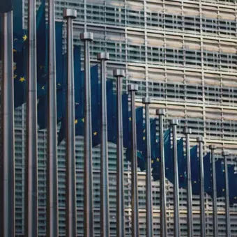 Close-up of a modern building facade featuring vertical metal bars and European Union flags, with reflective glass windows in the background.