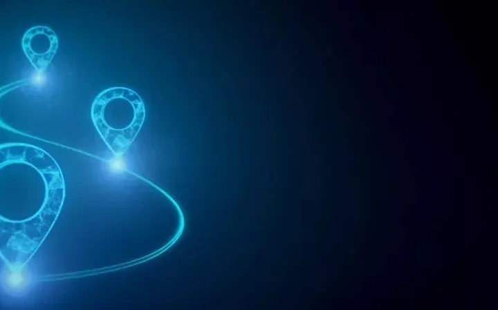 Four glowing map location markers connected by a curved line, set against a dark blue background symbolising navigation or tracking.