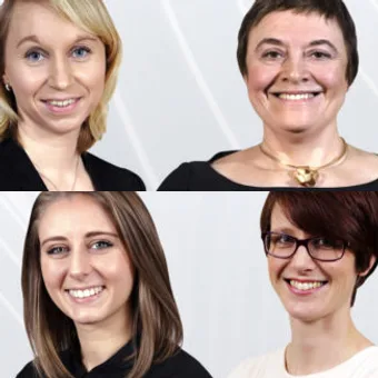 Two people with short hair smiling in the top image and two people with long hair smiling in the bottom image, all against a plain background.