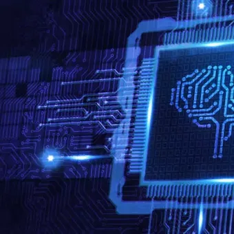 A digital illustration of a microchip with a brain circuit pattern inside, surrounded by glowing lines and circuitry representing artificial intelligence.