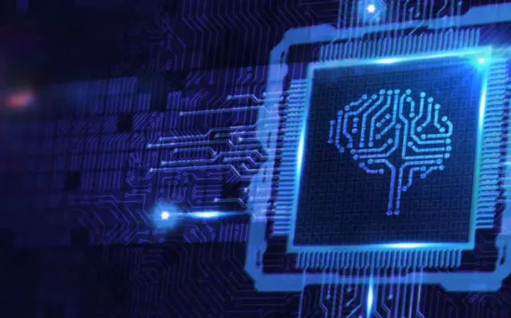 Digital illustration of a computer chip with a brain icon, representing artificial intelligence and advanced technology, set against a circuit board background.