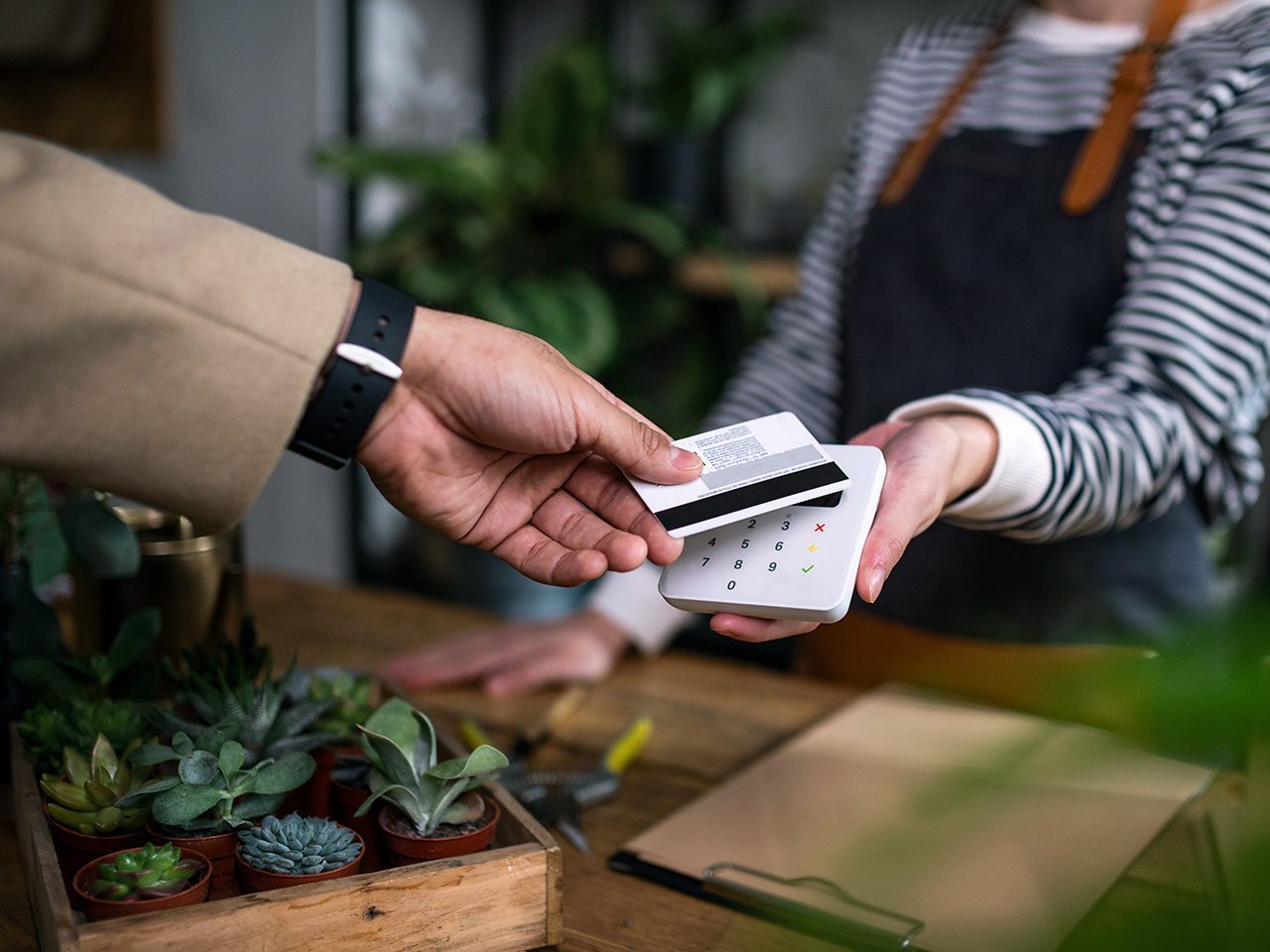 A shopper taps a card on a handheld payment terminal held by a cashier in a striped top and apron; potted succulents sit on a wooden counter.