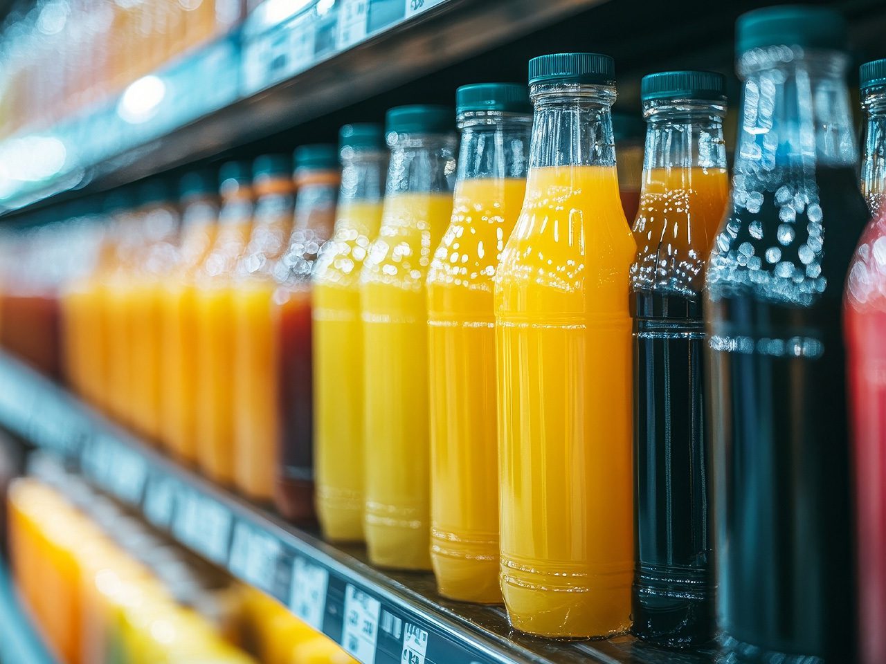 Row of glass juice bottles on a supermarket shelf, with yellow to orange drinks, condensation on the glass, and blue caps; background blurred.