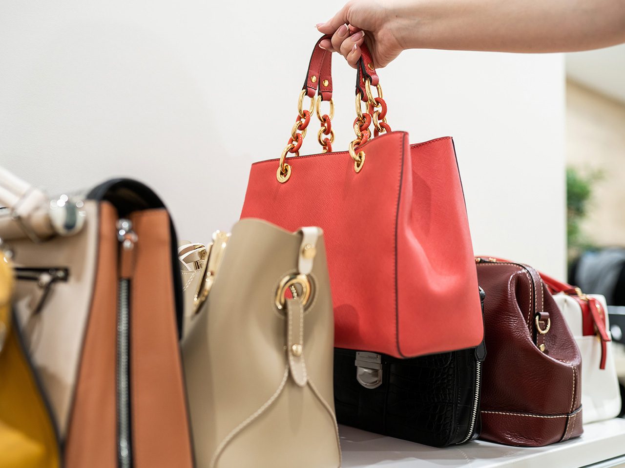 A hand holds a red handbag with gold chain handles among a row of beige, taupe, black and burgundy purses on display.