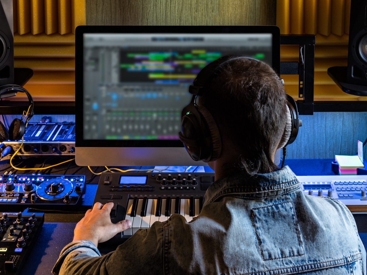 Person wearing headphones and a denim jacket sits at a music studio desk, playing a MIDI keyboard while a monitor shows a colourful DAW with tracks.