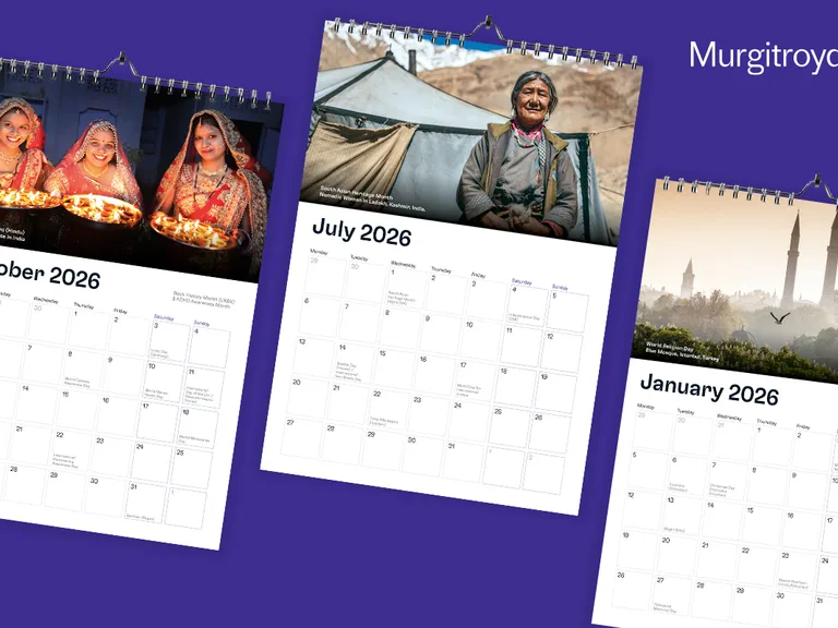 Three spiral-bound calendars with photos on top showing January, July and October 2026, displayed on a purple background with the Murgitroyd logo.
