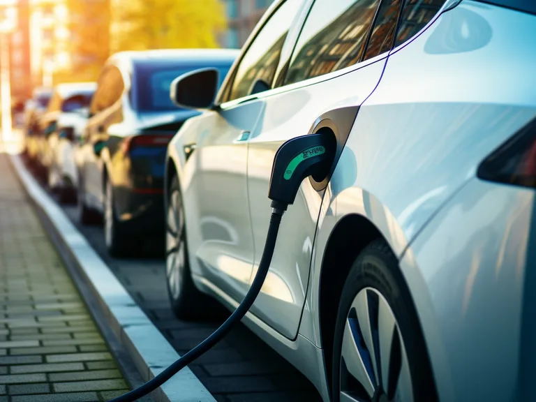 Electric car charging at a station on a city street during sunset.