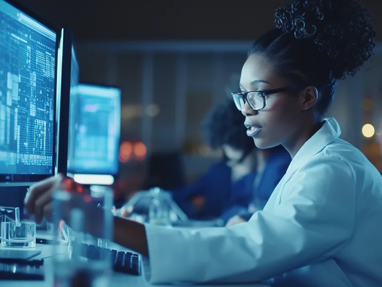 A person in a white lab coat working on a computer with data and charts displayed on the screen, in a busy high-tech research environment.