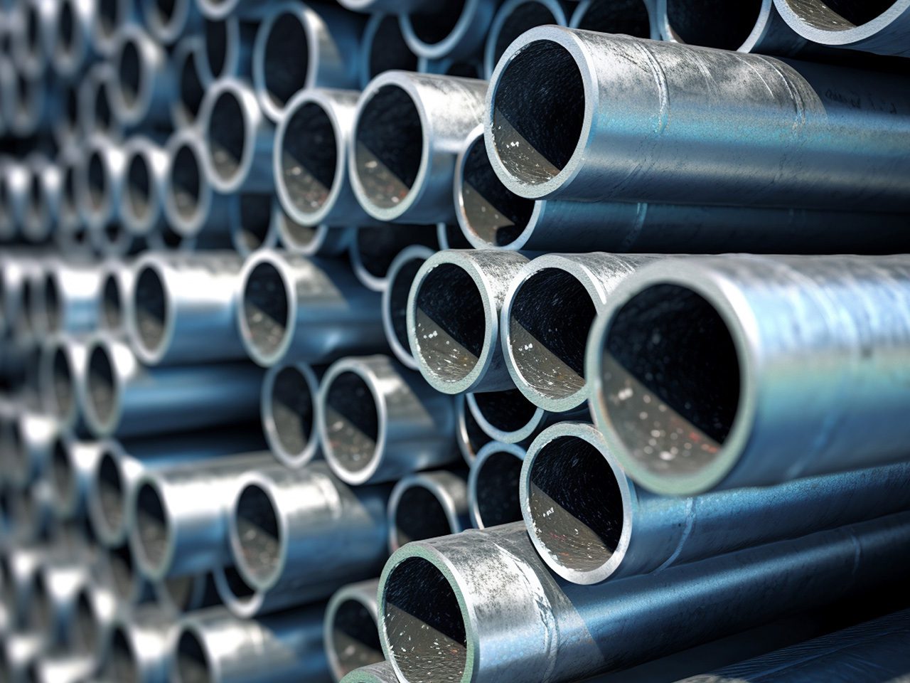 Stacked metal pipes with reflective surfaces, arranged in a repeating pattern, filling the frame with a sense of industrial order.