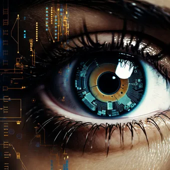 Close-up of a human eye with a futuristic, digital interface overlay, highlighting the iris with digital elements and holographic data.