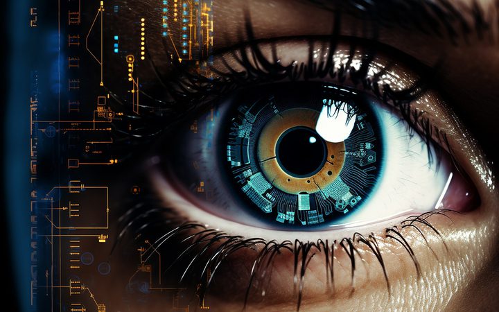 Close-up of a human eye with a futuristic digital interface overlay, displaying circuit-like patterns and data around the iris.