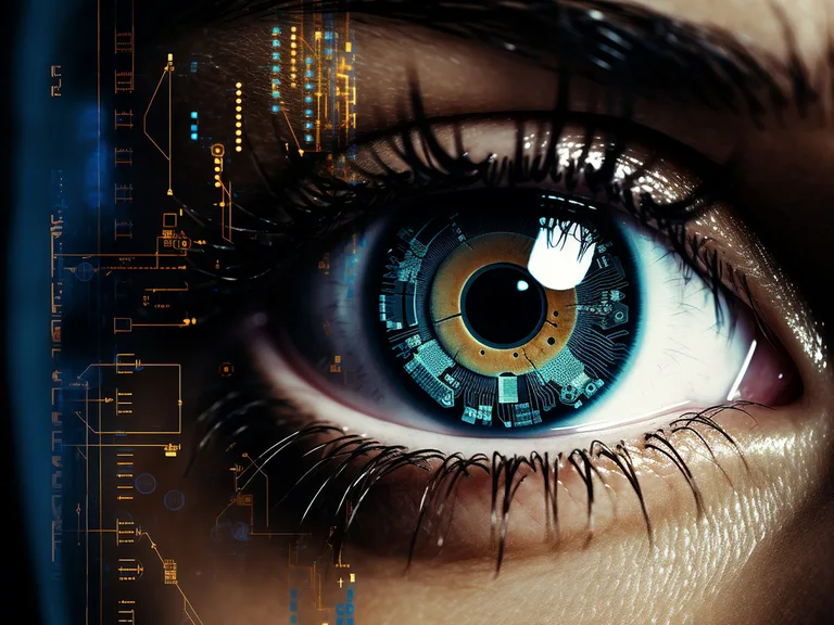 Close-up of a human eye with a futuristic, digital interface overlay, highlighting the iris with digital elements and holographic data.