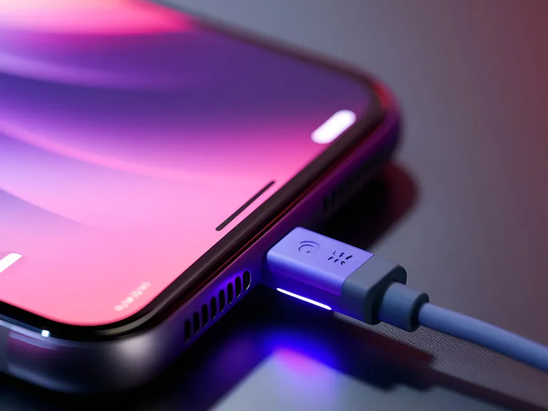 Close-up of a smartphone connected to a charging cable with purple and pink lighting effects, highlighting the edge and charging port.
