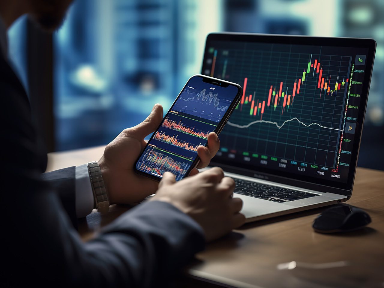 Person holding a smartphone displaying stock market data, with a laptop showing a candlestick chart and financial graphs on a wooden desk.