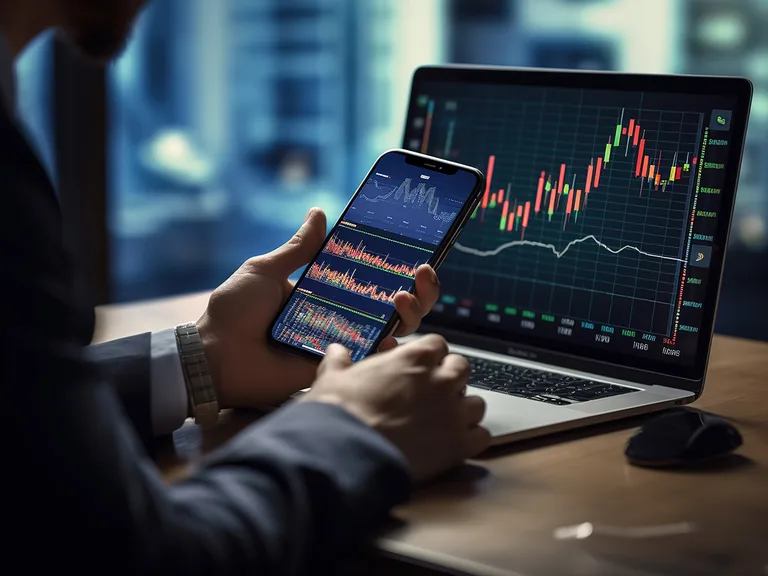 Person holding a smartphone displaying stock market data, with a laptop showing a candlestick chart and financial graphs on a wooden desk.