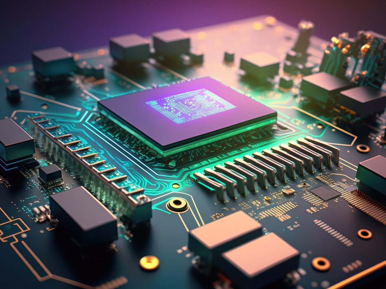 A close-up of a computer motherboard highlighting a central integrated circuit with colourful glowing traces and surrounding electronic components.