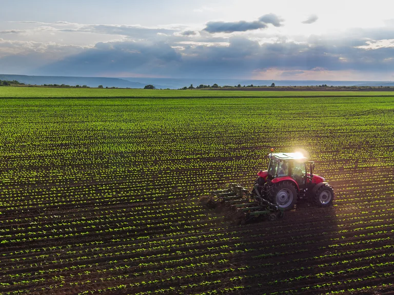 A red tractor working on a vast green field with young crops, under a cloudy sky with sunlight breaking through.