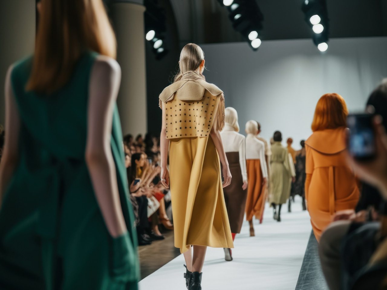 Back view of models walking a fashion runway; central figure in a mustard-yellow dress with a beige cape, audience on both sides.