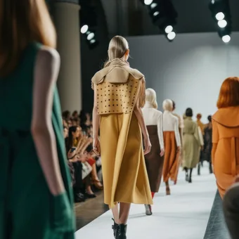 Back view of models walking a fashion runway; central figure in a mustard-yellow dress with a beige cape, audience on both sides.