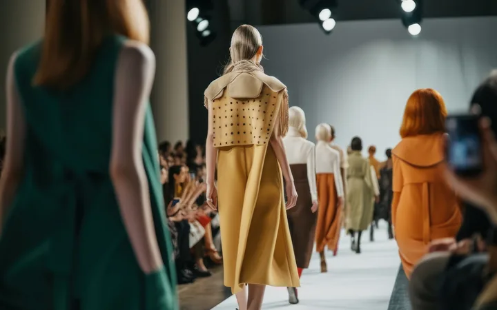 Back view of models walking a fashion runway; central figure in a mustard-yellow dress with a beige cape, audience on both sides.