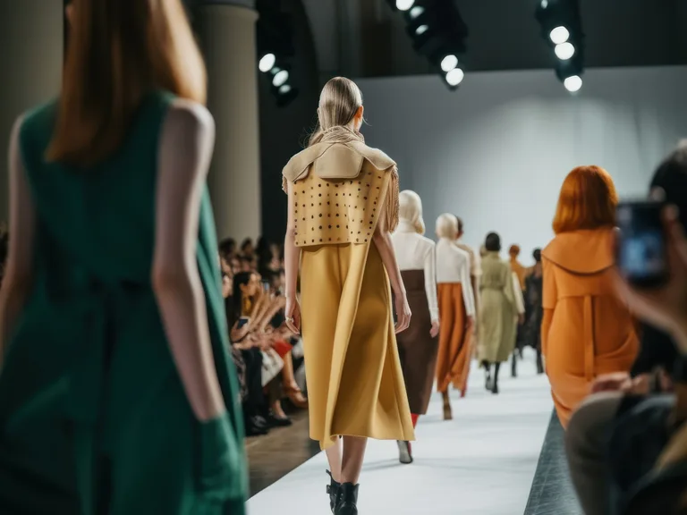 Back view of models walking a fashion runway; central figure in a mustard-yellow dress with a beige cape, audience on both sides.