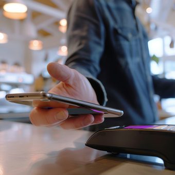 A person holds a smartphone near a card reader on a counter in a bright cafe, with warm blurred lights in the background.