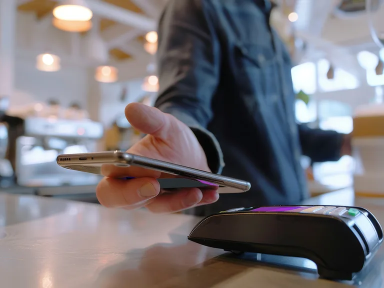 A person holds a smartphone near a card reader on a counter in a bright cafe, with warm blurred lights in the background.