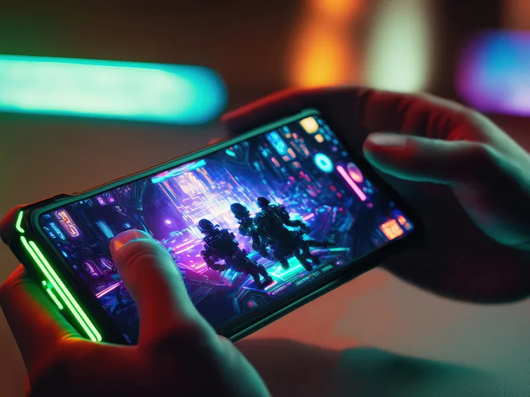 Person holding a smartphone displaying a neon-lit digital sci-fi game with astronauts in a futuristic environment.
