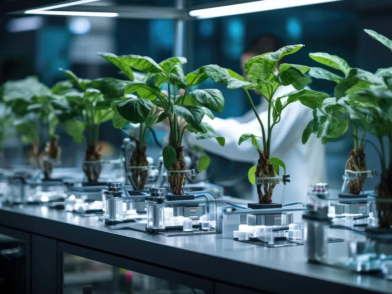 Green plants in glass containers with robotic equipment on a laboratory bench, illuminated by bright indoor lighting.