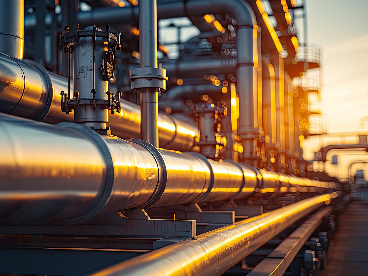 Close-up of metal industrial pipes reflecting sunlight at sunset, with a blurred background of additional piping and infrastructure.