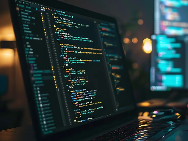 A close-up of a laptop screen displaying colourful lines of programming code, with a blurred background of similar screens and warm ambient lighting.