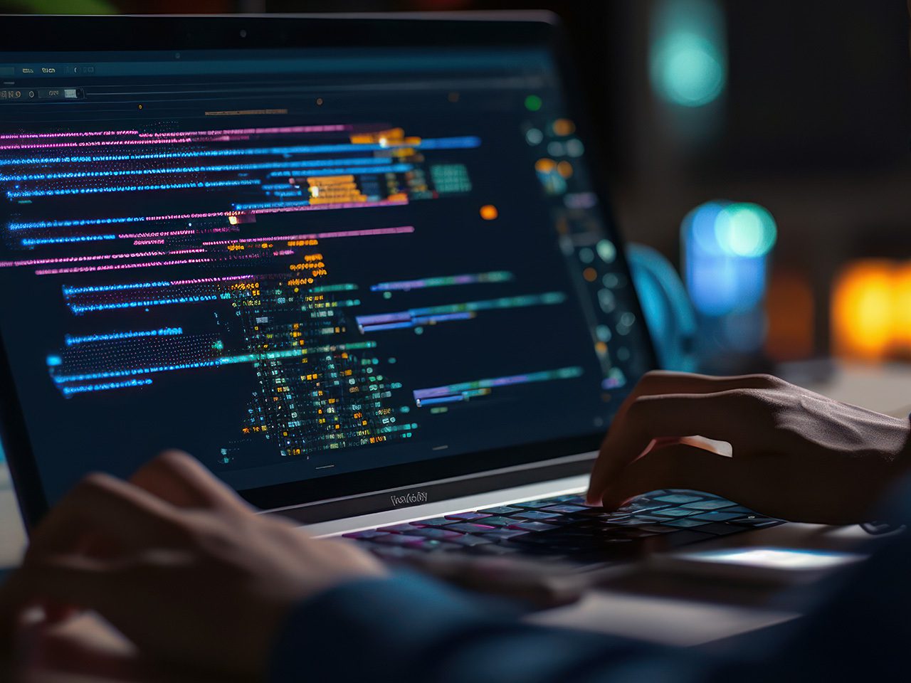 Hands typing on a laptop with a colourful code or digital data displayed on the screen, in a dark environment with blurred background lights.