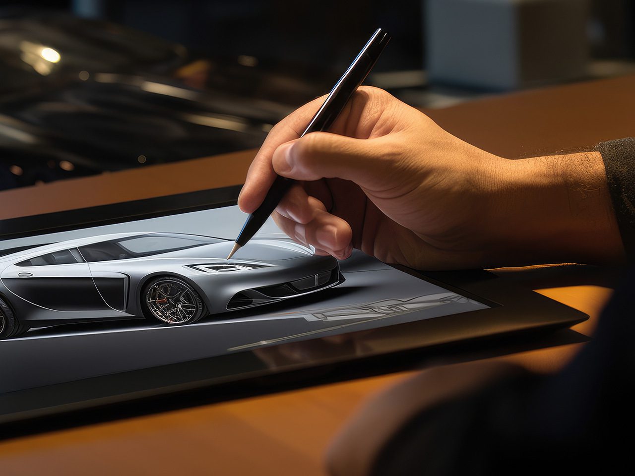 A person draws a detailed digital rendering of a silver luxury sports car on a tablet using a stylus.