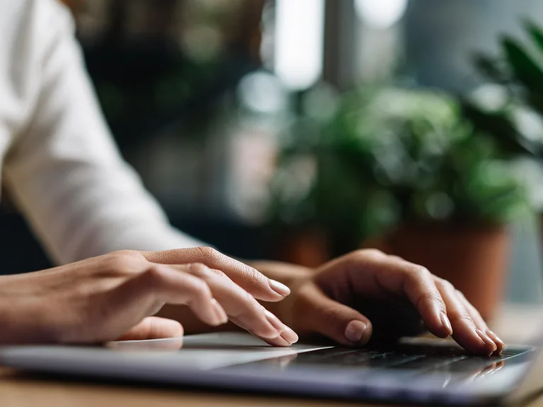 Person typing on a laptop with a blurred green plant in the background.