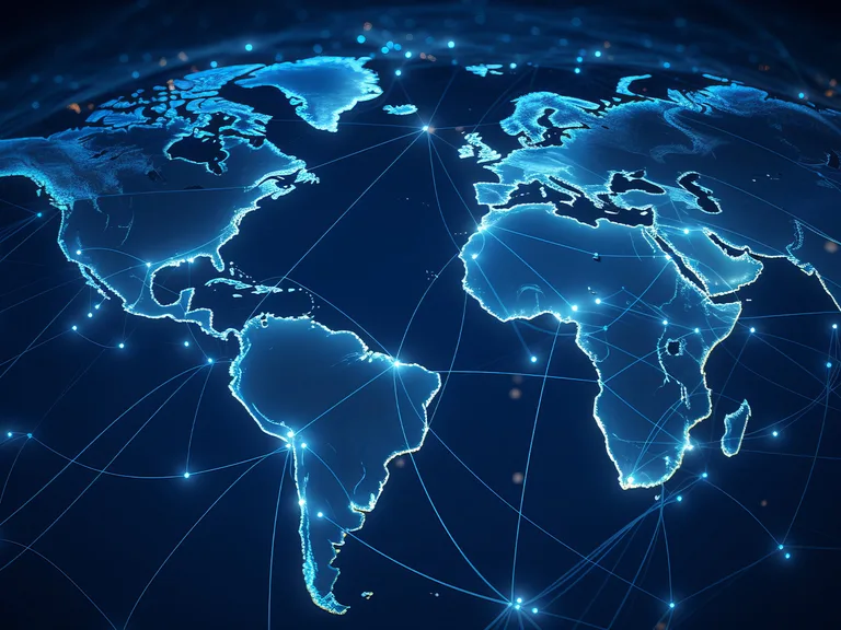 Mappamondo digitale con connessioni luminose tra continenti, rappresentazione di rete globale in tono blu scuro.