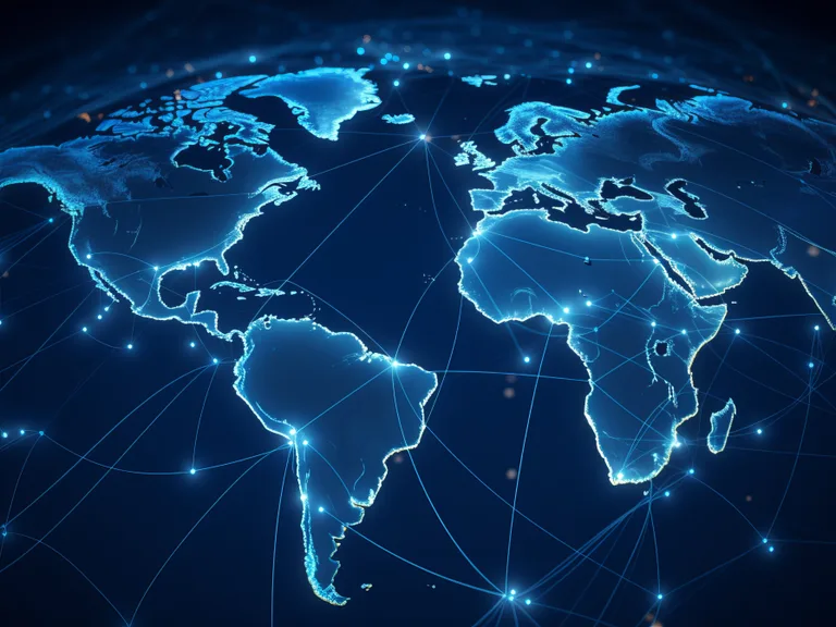 Globale Karte mit leuchtenden Kontinenten und Linien, die die Verbindungen zwischen verschiedenen Ländern und Regionen darstellen.