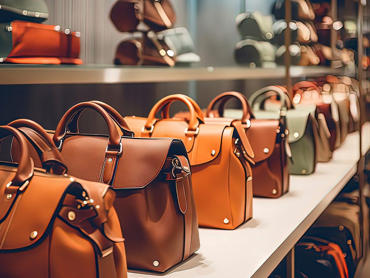 Several leather handbags in shades of brown, orange, and green displayed on a store shelf in a retail setting.