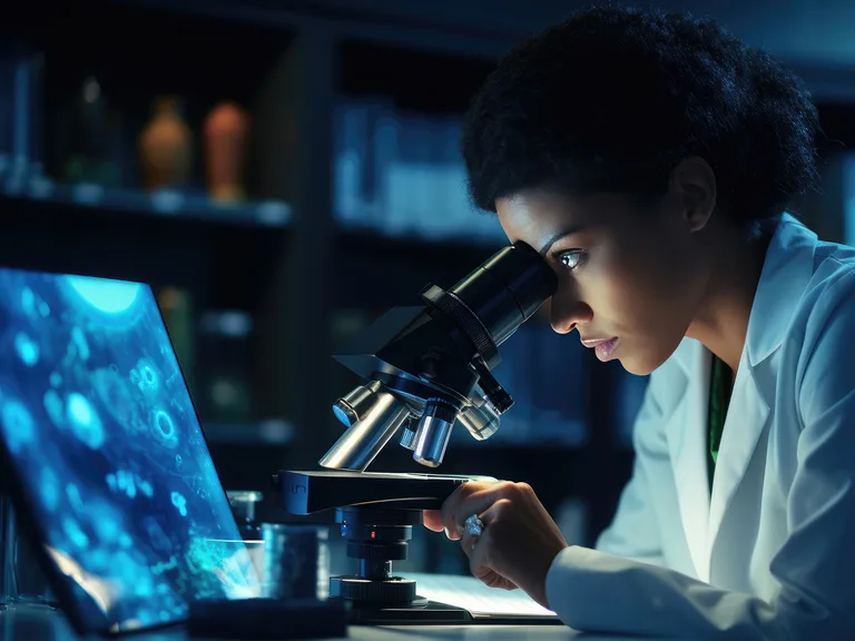 Person in a lab coat looks into a microscope, bathed in blue light, with a glowing screen and blurred laboratory shelves in the background.