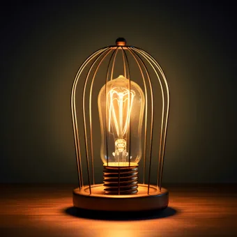 A glowing light bulb inside a vintage-style cage lamp on a wooden surface, emitting a warm light in a dark environment.