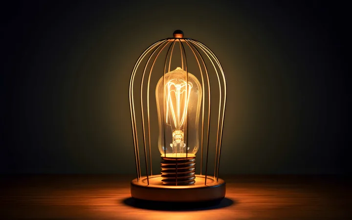 A vintage-style illuminated light bulb encased in a decorative cage on a wooden surface, glowing softly against a dark background.