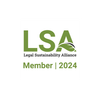 LSA logo with green text and leaf design, accompanied by black text reading "Legal Sustainability Alliance" and "Member | 2024".