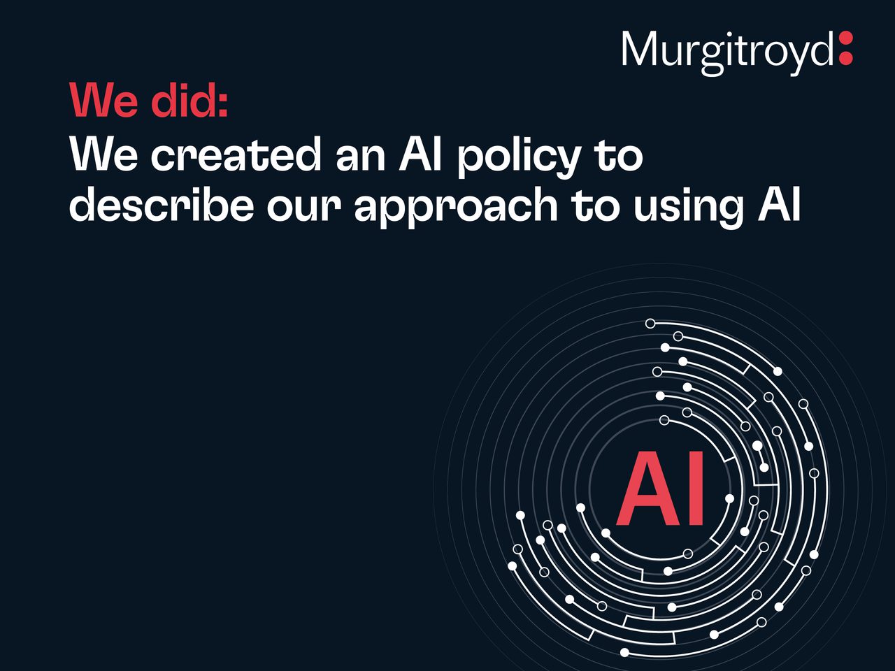 Dark navy banner featuring bold white text about an AI policy; on the right a circular AI motif with concentric rings and small nodes around a red AI at center; Murgitroyd logo top-right.