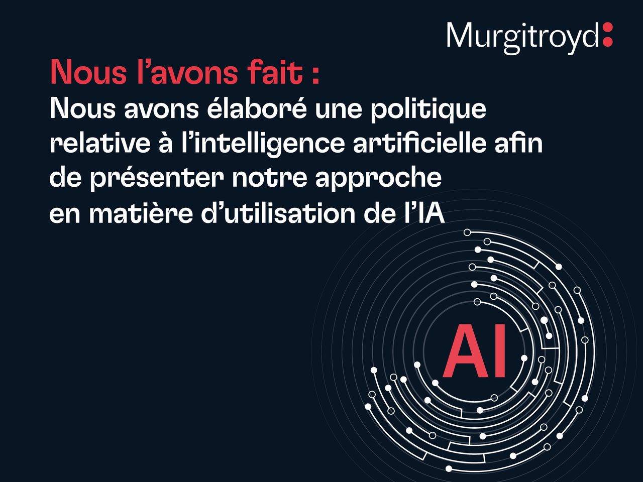 Fond bleu foncé avec texte en français sur une politique d’IA, motif circulaire blanc autour de AI en rouge et le logo Murgitroyd en haut à droite.