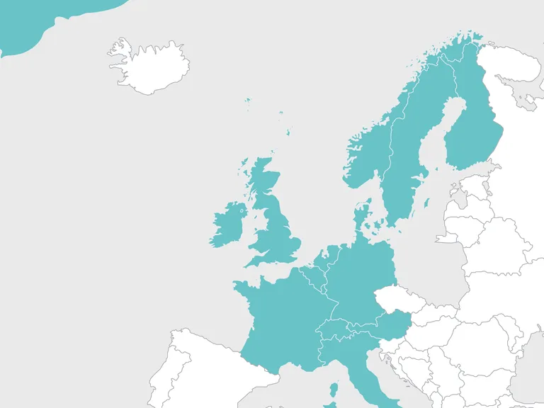 Map of Europe showing several countries shaded teal, including parts of Western and Southern Europe, with light grey background and white landmasses.