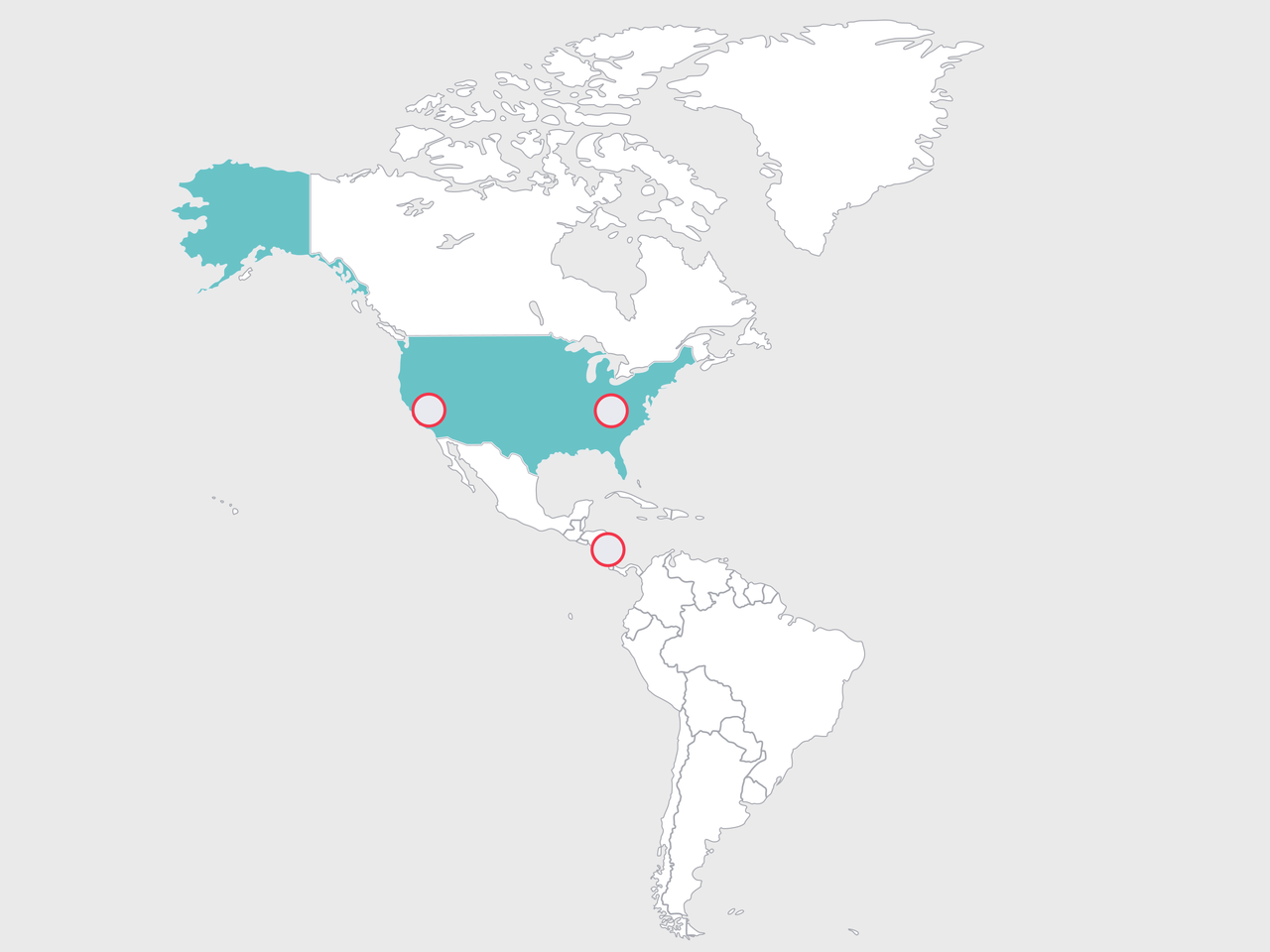 Weltkarte von Nord- und Mittelamerika; Süden der USA bis Zentralamerika in Türkis, drei rote Kreise markieren Standorte.