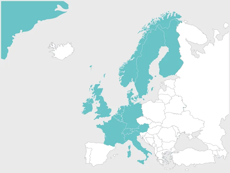 Karte Europas mit mehreren Ländern in Türkis hervorgehoben, hauptsächlich im Norden und Westen des Kontinents.