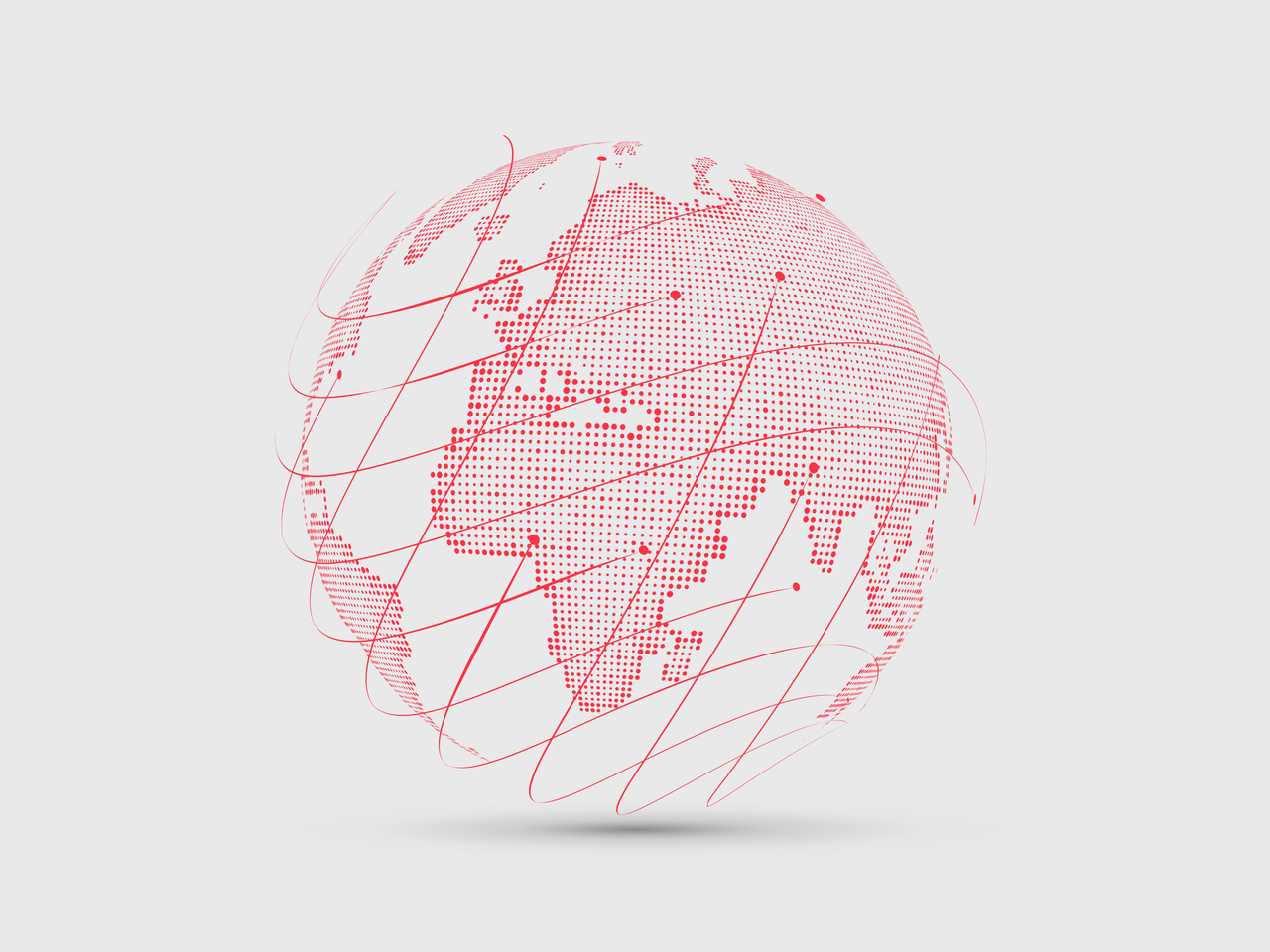 Roter Punktglobus mit Kontinenten aus Punkten, von geschwungenen Linien umgeben; leichter Schatten darunter vor hellgrauem Hintergrund.