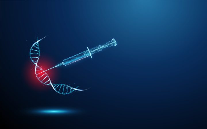 Blue neon wireframe DNA double helix pierced by a syringe, red glow at the injection point, set against a dark blue gradient.