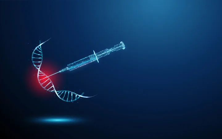Futuristic digital illustration of a glowing blue DNA double helix pierced by a wireframe syringe, with a red glow at the injection point.
